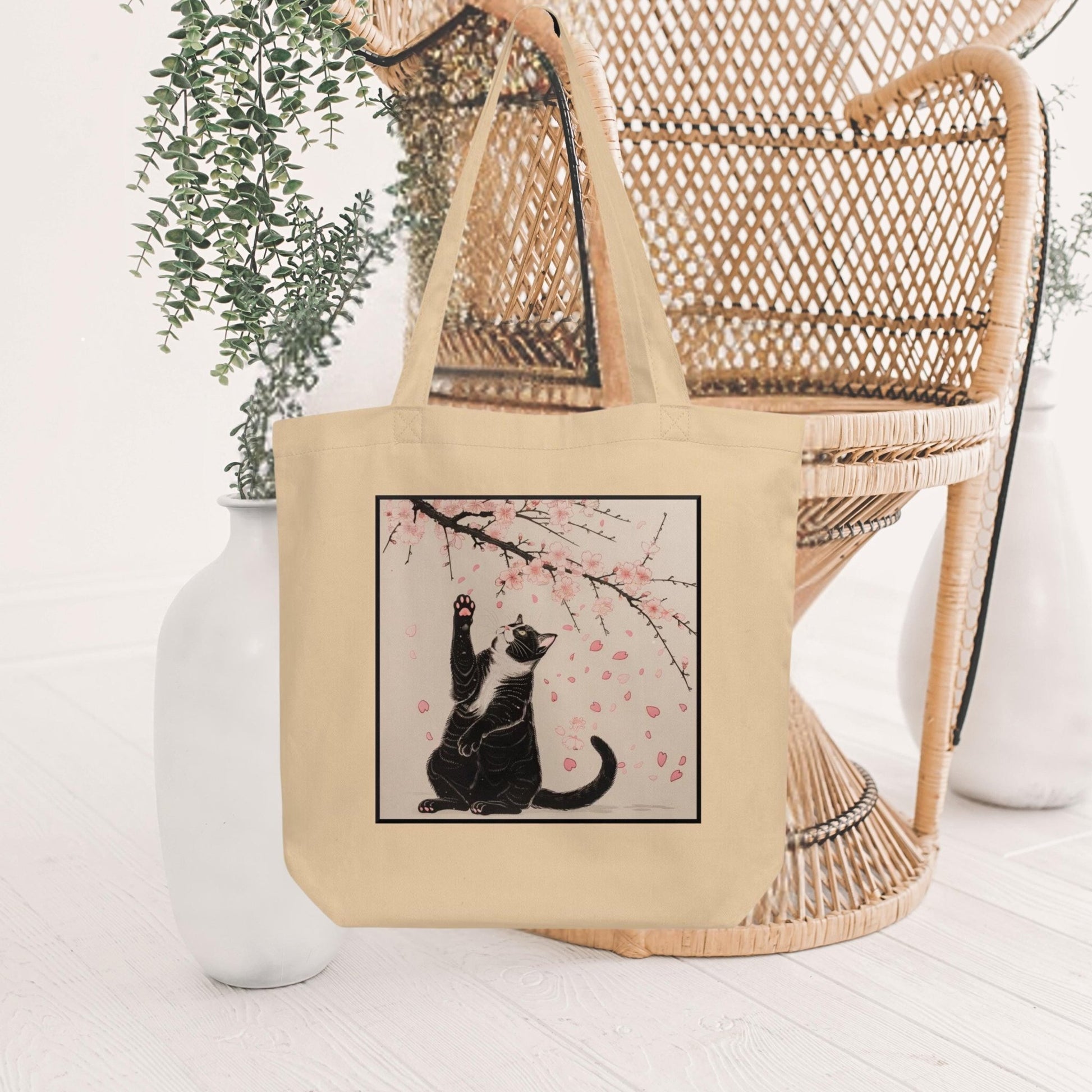 Tuxedo Cat Cherry Blossoms Organic Cotton Tote Bag - Aphantastic Designs
