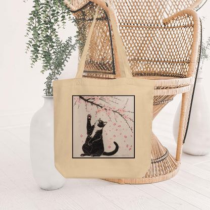 Tuxedo Cat Cherry Blossoms Organic Cotton Tote Bag - Aphantastic Designs