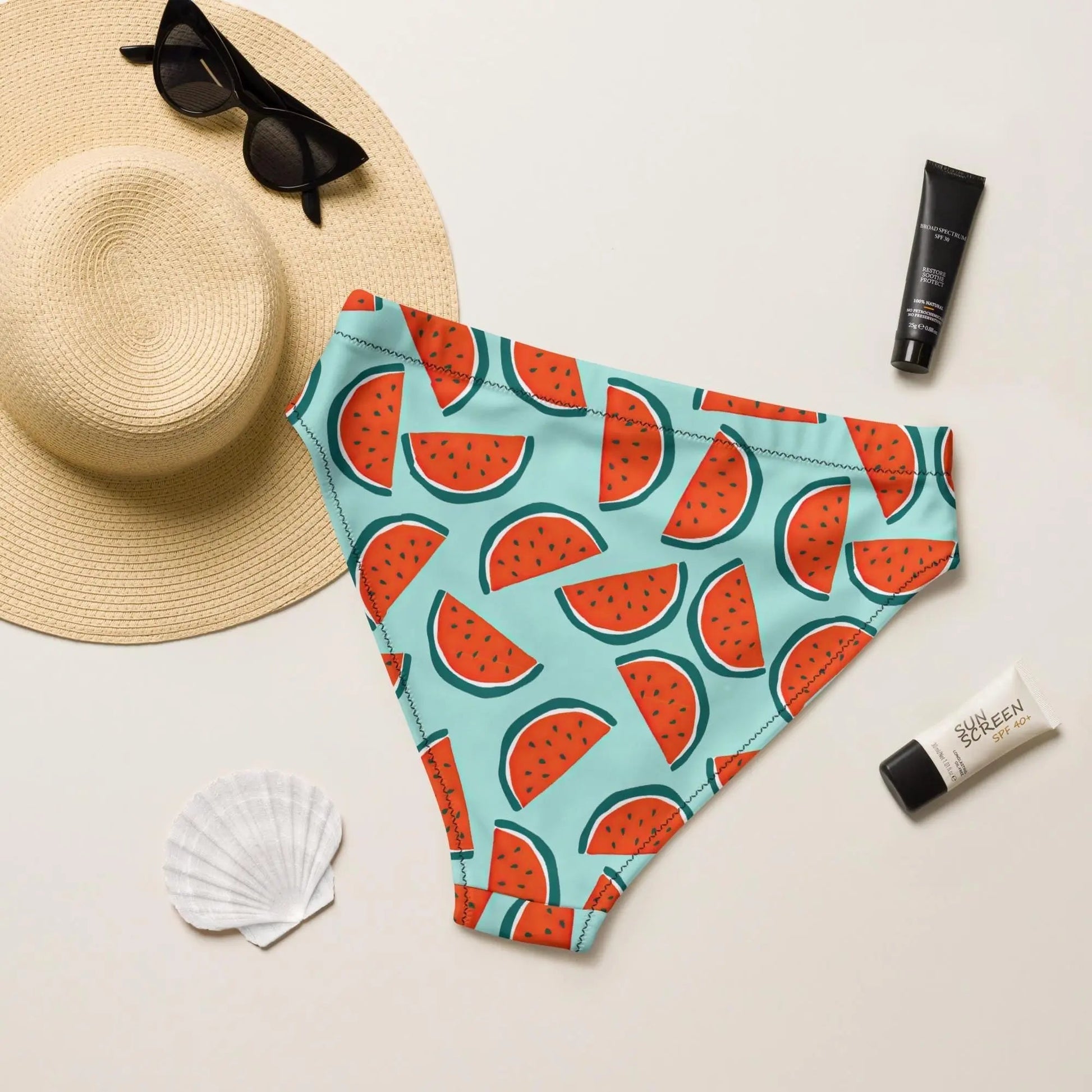 Watermelon Swimsuit High Waisted or String Bikini Bottoms | Recycled UPF 50+ 2XS–6XL Plus - Aphantastic Designs