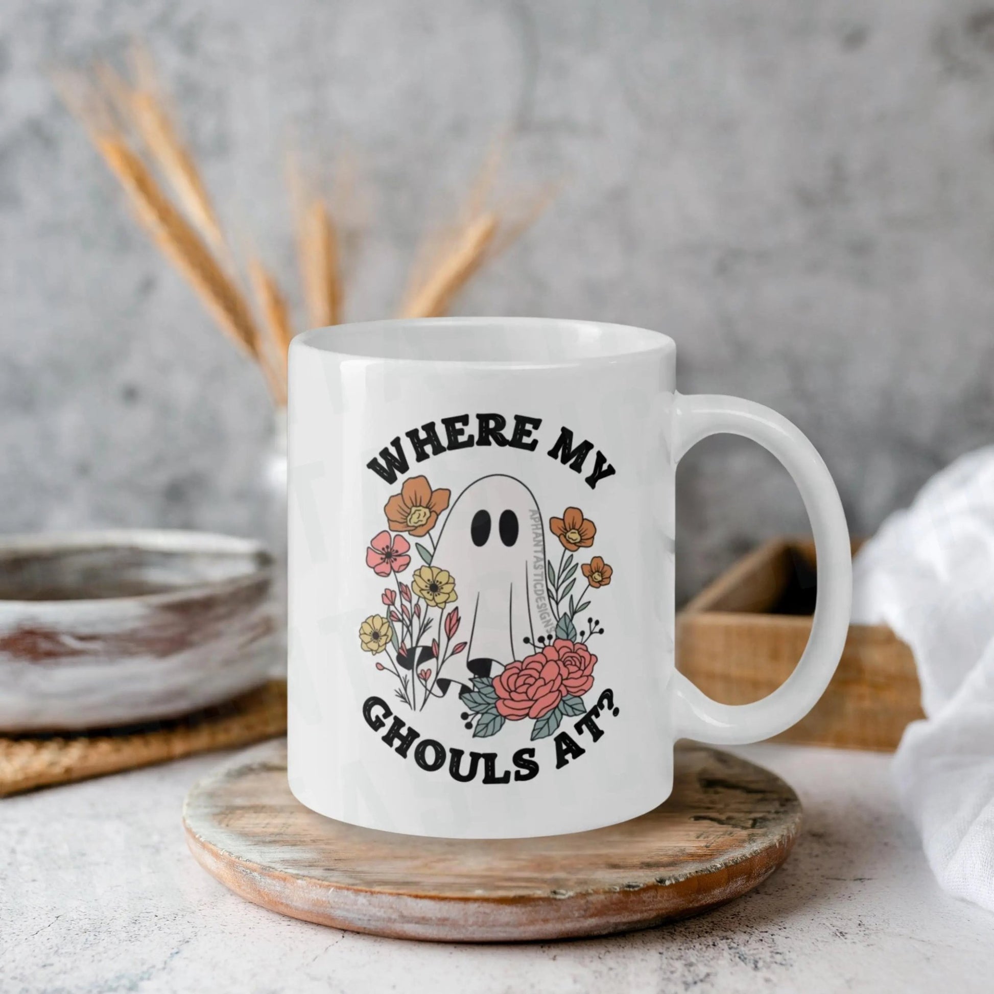 Where My Ghouls At Ghost Coffee Mug | Ceramic, Left Hand Friendly, & Dishwasher Safe - Aphantastic Designs